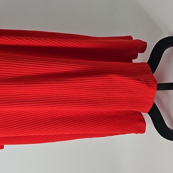 Zara Bright Red Crew Neck Ribbed Stretchy Fit & Flare Long Sleeve Midi Dress - Picture 6 of 10